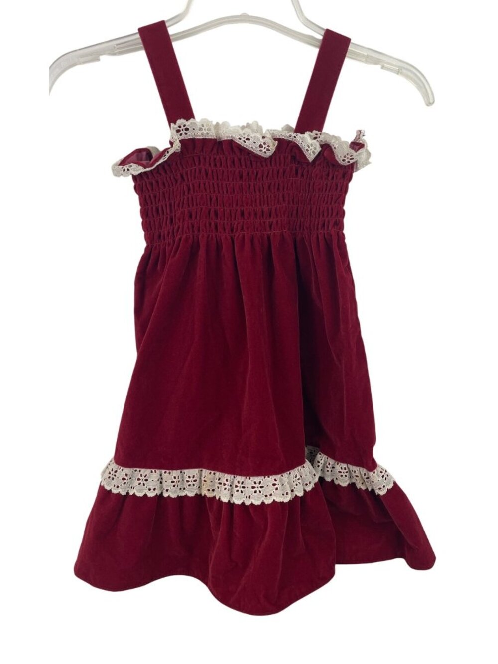 Jane Darling Red Velvet Dress w/Lace Trim & Smocked Bodice Vintage Girls Size 6